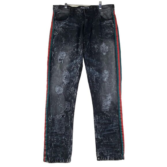 Men’s Size 32x32 Arketype Black Distressed Straight Leg Jeans Green Red Stripe - Picture 1 of 7